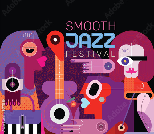 Music and wine festival poster design, editable layered template. Group of people drinking cocktails and listening to a music vector illustration.