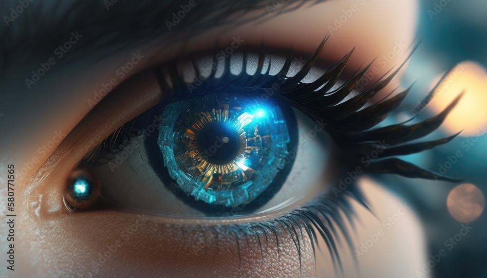 Fototapeta premium Close-up portrait of young and beautiful woman with the virtual hologram on her eyes