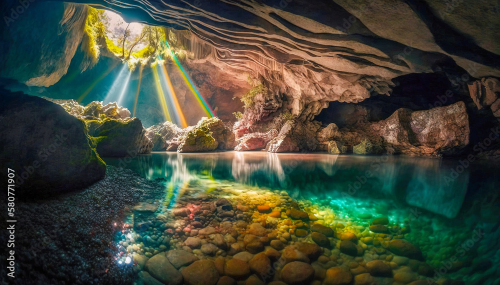 Crystal Cave, A Breathtaking Grotto with a Crystal Clear Lake, Generative AI
