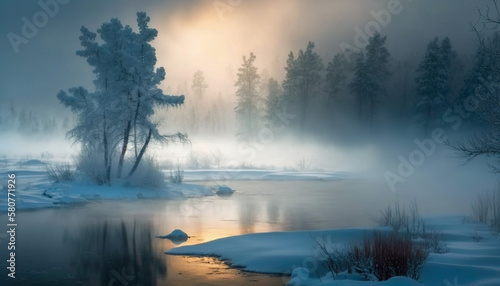 A Mystical Forest Blanketed in Snow with a Lake Emerging from the Morning Mist, Generative AI