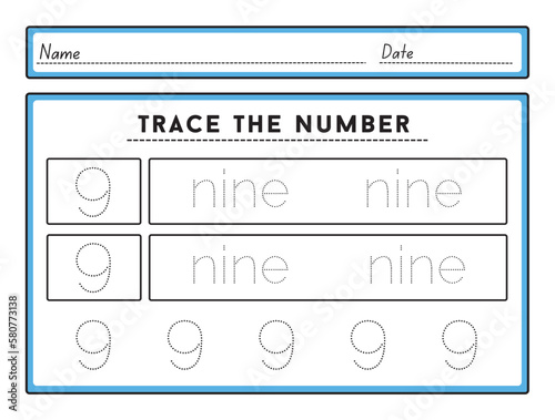 Number tracing worksheets and tracing activity book for kids The practice of writing numbers 9 Tracking worksheet number nine learn to count and write
