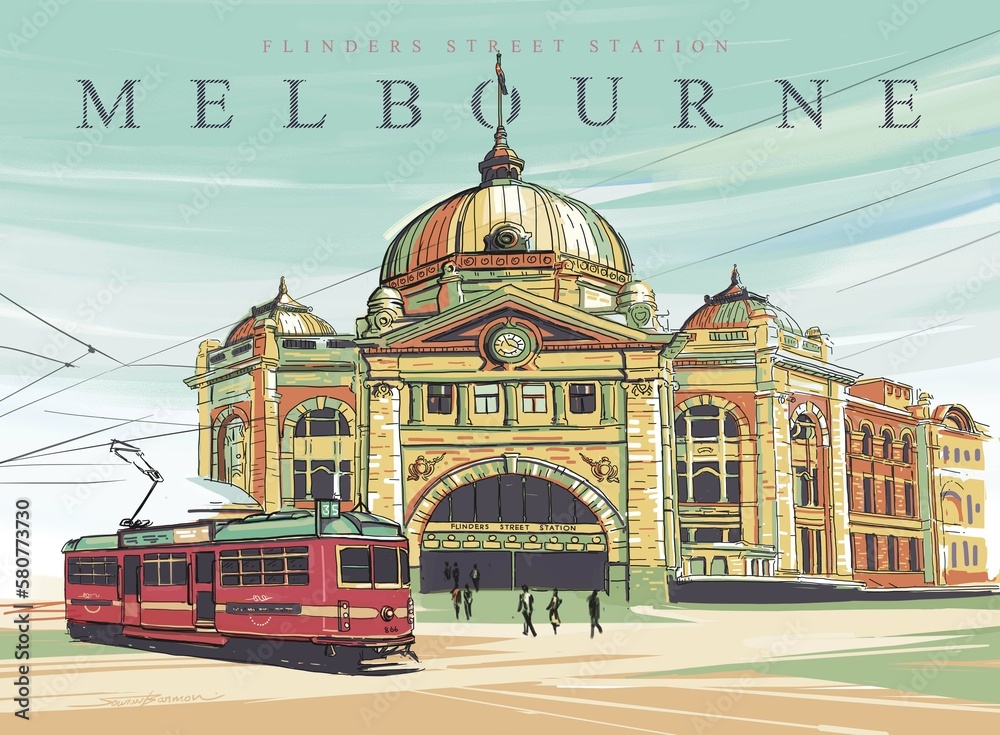 Fototapeta premium Digital illustration of Flinders street station. Melbourne, Australia.