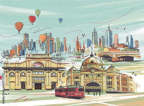 Digital illustration of iconic places in Melbourne.