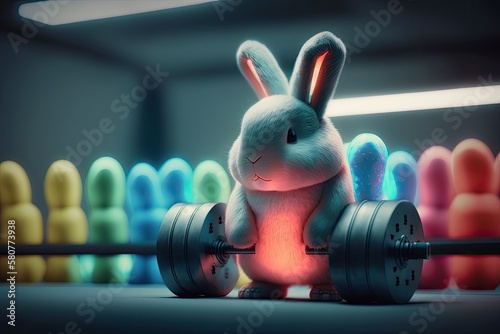 Cute Easter Bunny with Neon Easter Eggs in a Gym, Professional Color Grading