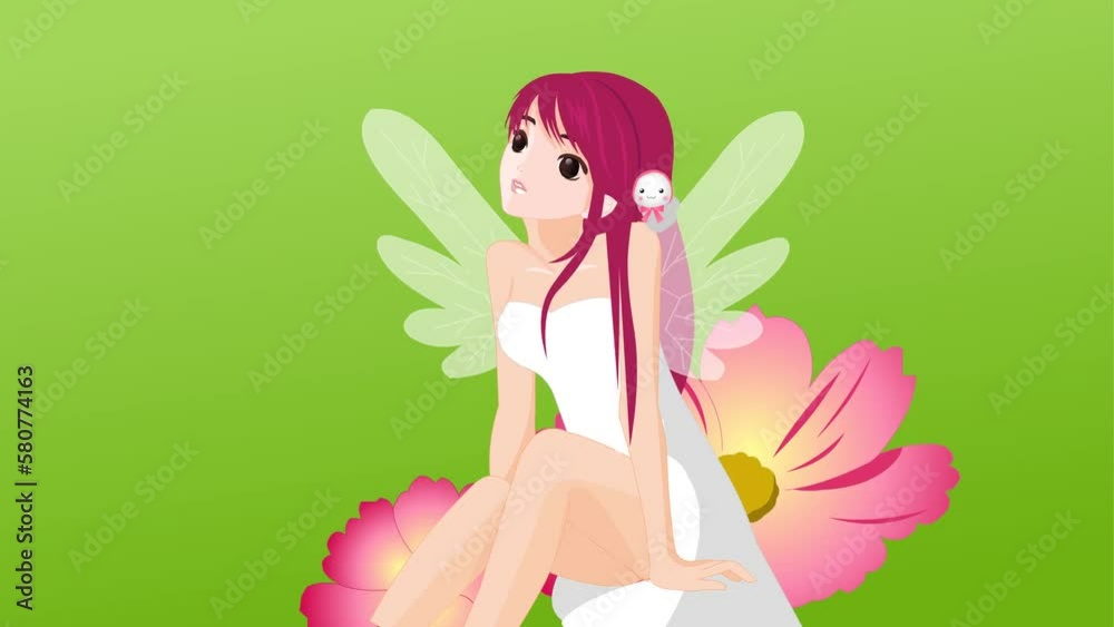 beautiful cartoon fairy girl sitting on flowers, Background and 2d animation, fairy tale beautiful cartoon fairy girl sitting on flowers, Background and 2d animation, fairy tale