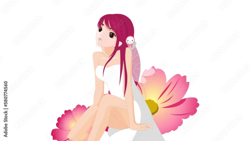 beautiful cartoon fairy girl sitting on flowers, Background and 2d animation, fairy tale beautiful cartoon fairy girl sitting on flowers, Background and 2d animation, fairy tale