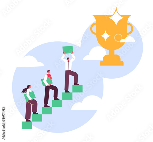 People walk up the stairs to victory