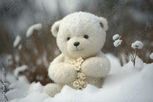 cute white teddy bear playing in the flower and snow as digital illustration (Generative AI)
