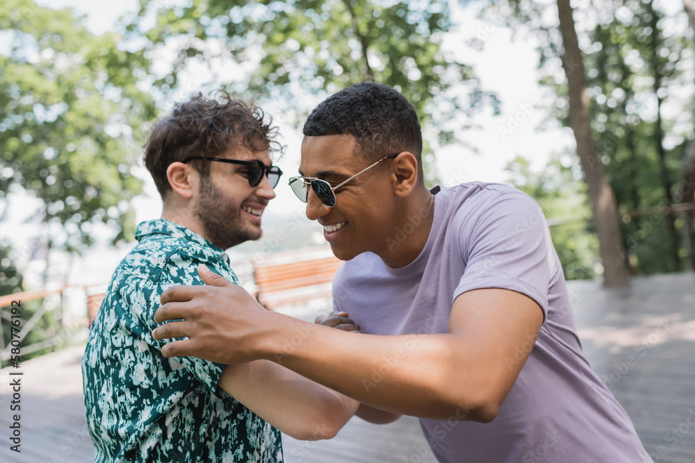 Fototapeta premium Positive multiethnic friends in sunglass meeting in summer park.