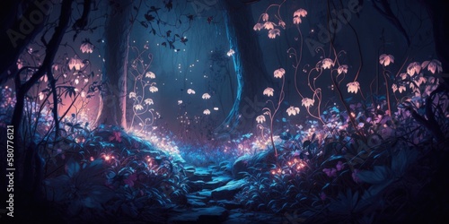 Colorful fantasy forest foliage at night, glowing flowers and beautifully butterflies as magical fairies, bioluminescent fauna as wallpaper background