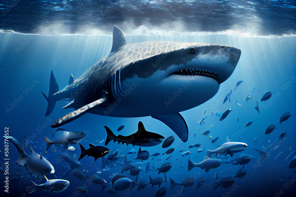 Fototapeta premium Great white shark underwater. dangerous waters - generative ai