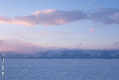 Beautiful sunset on Lake Baikal in winter.