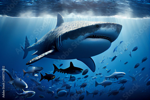 Great white shark underwater. dangerous waters - generative ai