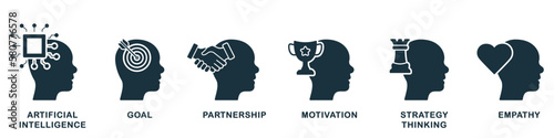 Human Mind Process Silhouette Icon Set. AI, Goals, Motivation, Strategy Thinking Symbols. Mental Health Solid Sign Collection. Emotional Intelligence Glyph Pictogram. Isolated Vector Illustration