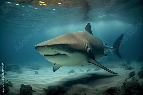 Shark swimming with deep blue ocean background - generative ai © Studiohood