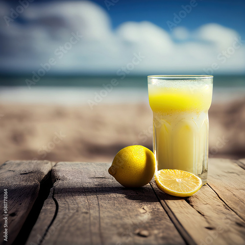 Copo de suco de limão em cima de tábua na beira da praia com frutas ao lado photo