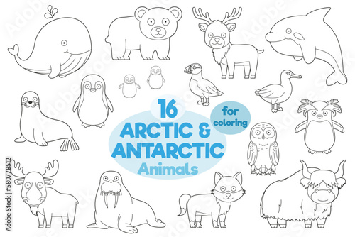 Set of 16 arctic and antarctic animals for coloring in cartoon style Vector Illustration