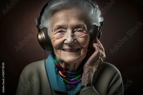 happy smiling old lady listening music with her headphones on, generative ai
