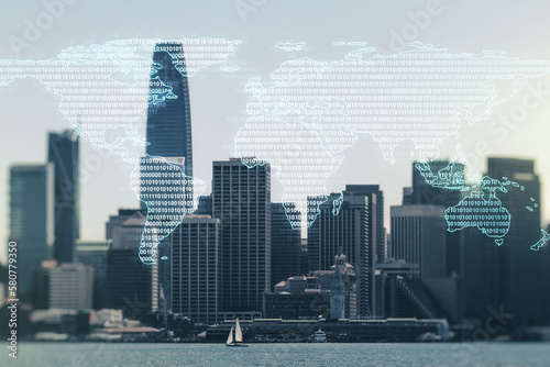Double exposure of abstract digital world map on San Francisco city skyscrapers background, research and strategy concept