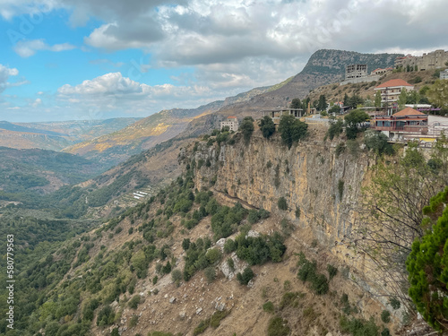 Timelapse of mountain top and nature view - Aerial view of Jezzine town in Lebanon, on an altitude of 1000m, surrounded by mountain peaks and pine forests - South Lebanon