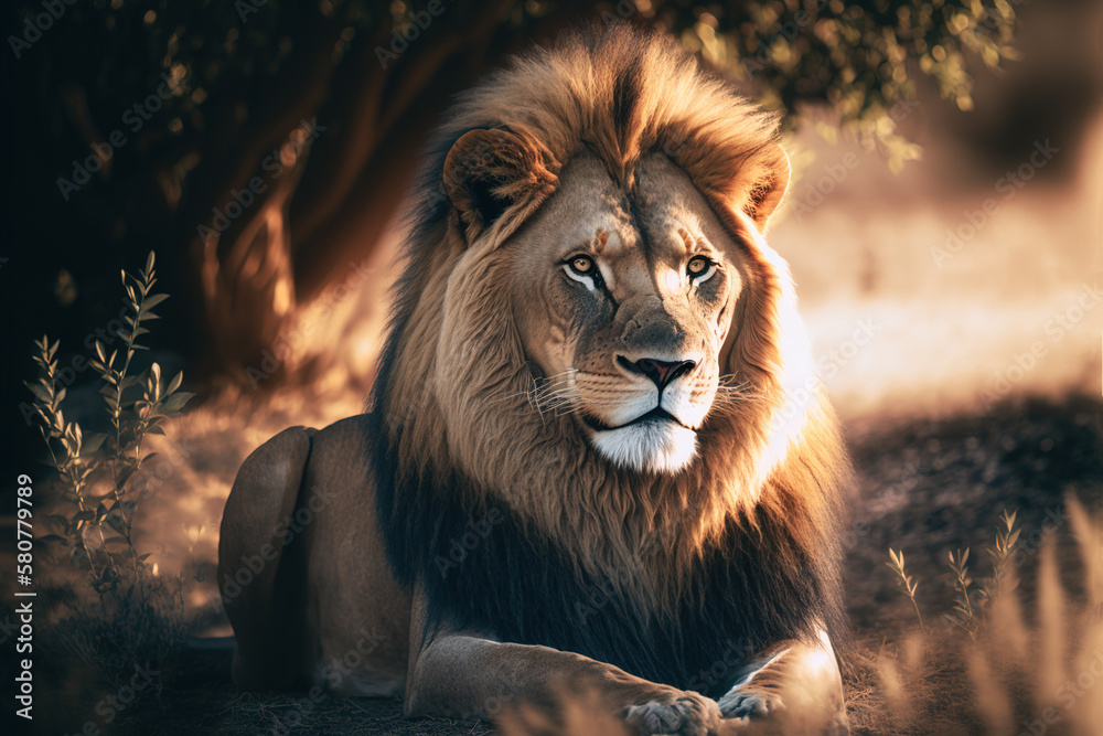 A male lion stalks his prey at sunrise