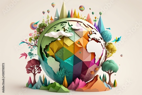 Fototapeta Naklejka Na Ścianę i Meble -  fantasy planet eartth in forest,Creative design world environment and earth day paper cut and craft concept.Landscape in nature by rainbow and balloons,generative ai.