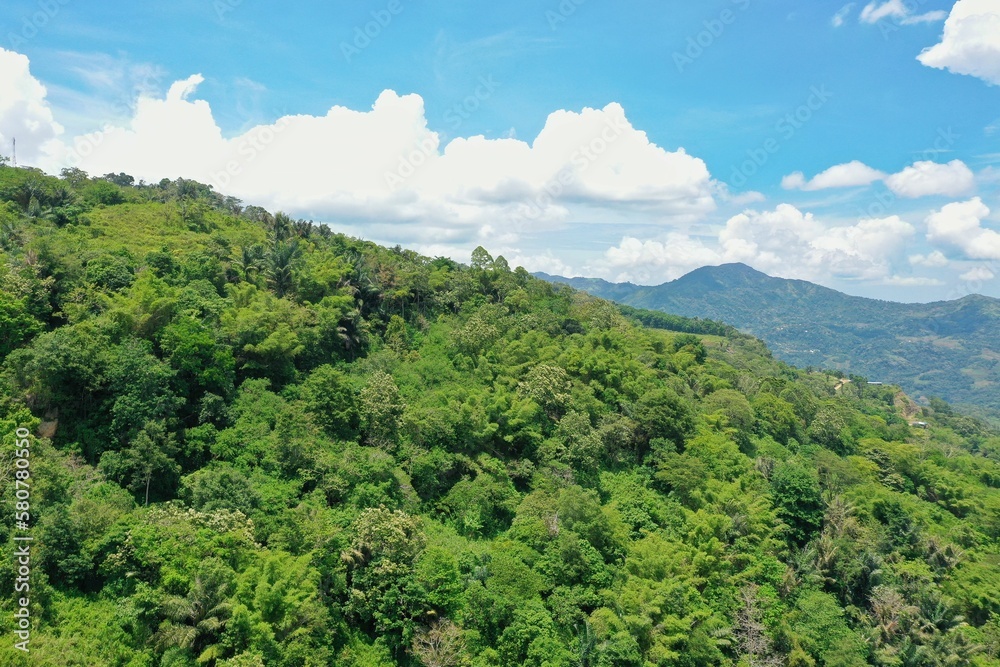 Panorama drone shot from above of a rainforest valley on Flores, in the distance hills and a blue cloudy sky.