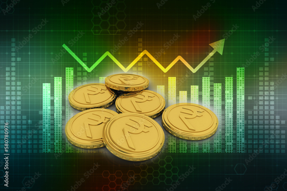 3D rendering illustration Rupee currency with gold coin 3D rendering illustration Rupee currency with gold coin