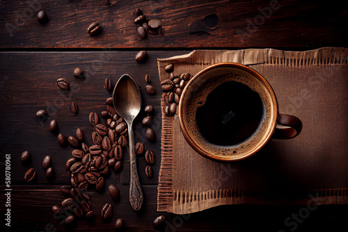 Top view of Cup of coffee and coffee beans in a sack on dark background. Generative Ai