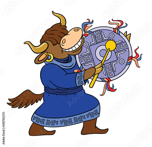 Cute cartoon Yak. The shaman knocks on a tambourine. Vector color image of a cartoon yak isolated on white. Yak-musician in a shamanic costume with a tambourine.