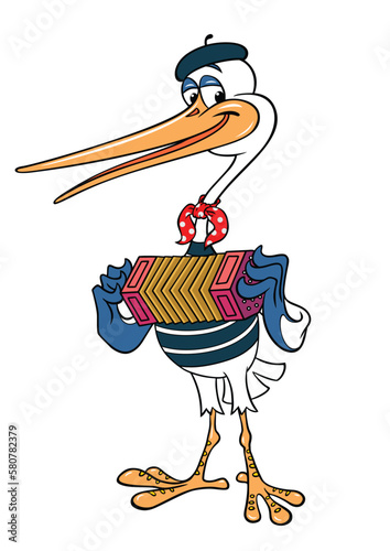 Vector color image of a cartoon stork isolated on white. Musician stork dressed as a Parisian mime. Cute cartoon stork plays the concertina.