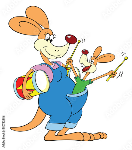 Kangaroo with a cub playing the drum. Vector color image of a cartoon kangaroo isolated on white. Kangaroo musician with his cub.
