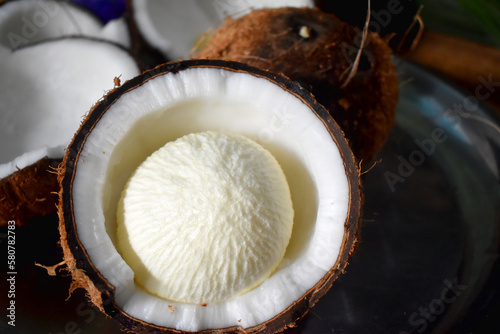 Close-up of a fresh Coconut with embryo bud of coconut tree. Ingredient food.