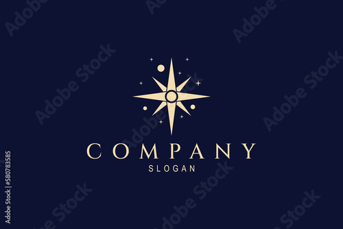 Vector gold logo where abstract image of big star shining in the solar system.
