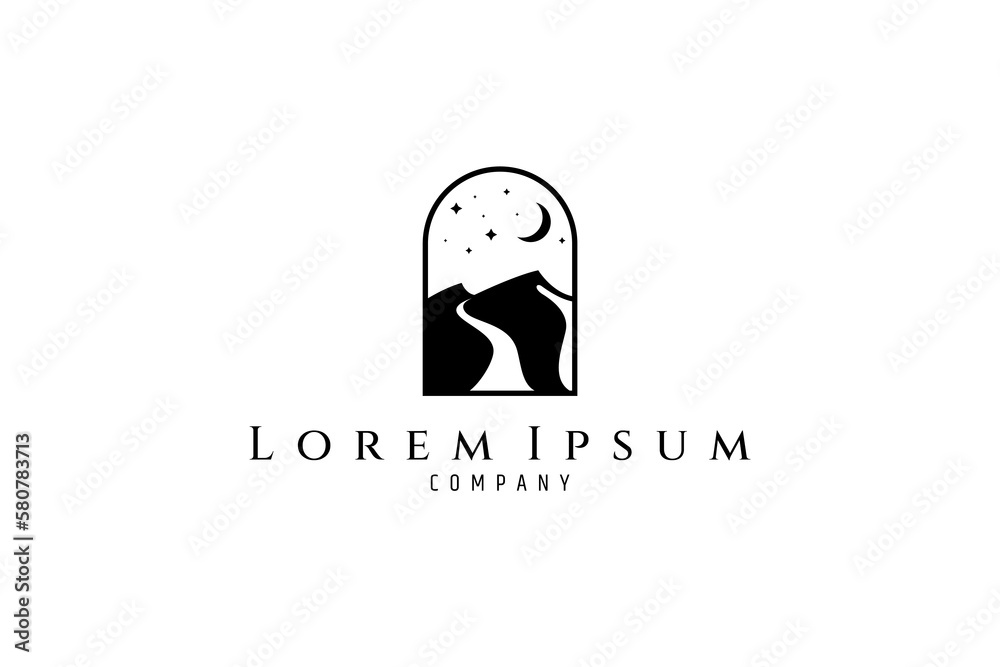 Simple logo design of a window with a desert view at night where the moon and stars are shining in the sky.