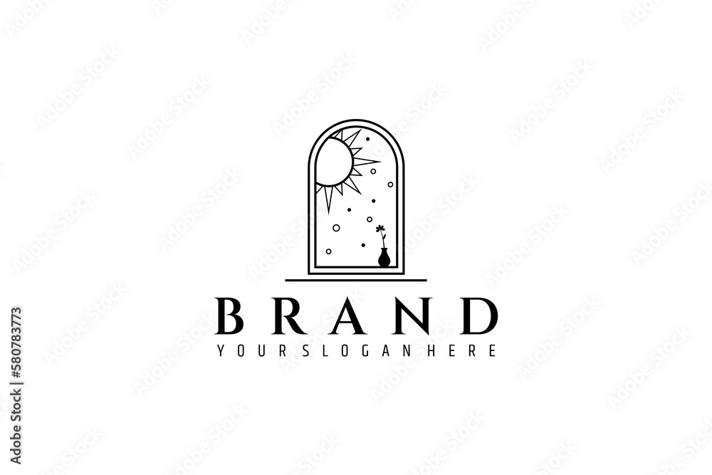 Simple bohemian logo design an image of a window and a beautiful small flower vase on the background of a view of the morning sun and dew drops. Simple bohemian logo design an image of a window and a beautiful small flower vase on the background of a view of the morning sun and dew drops.