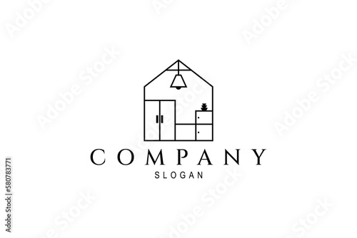 Line art vector logo an image of a house with furniture inside.