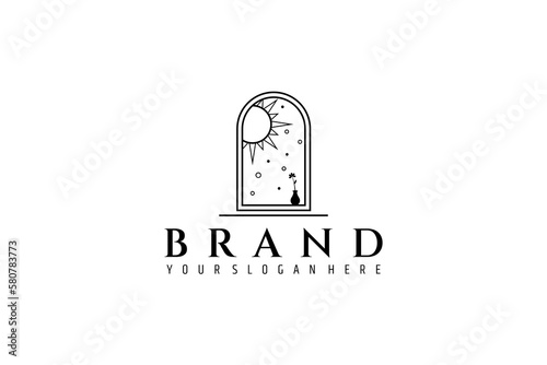 Simple bohemian logo design an image of a window and a beautiful small flower vase on the background of a view of the morning sun and dew drops.