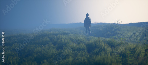 Boy in foggy pasture in countryside during twilight. Generative AI.