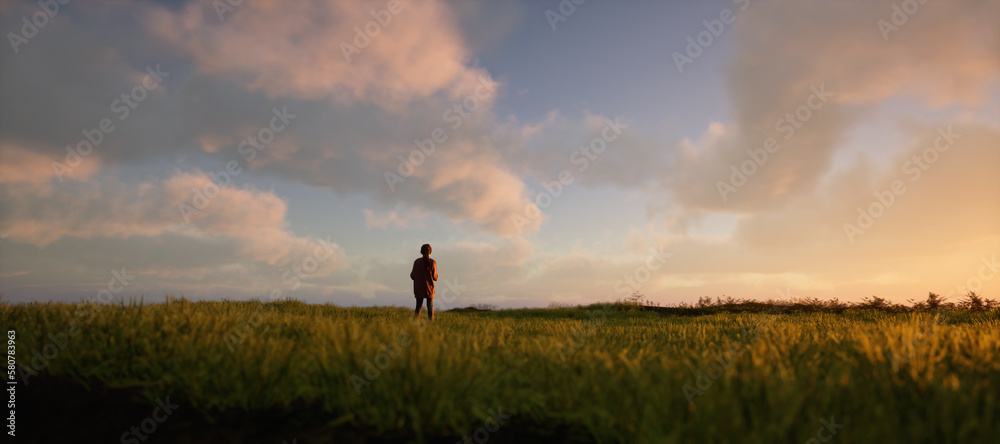 Girl with backpack in pasture in countryside under a blue cloudy sky during sunset. Generative AI.