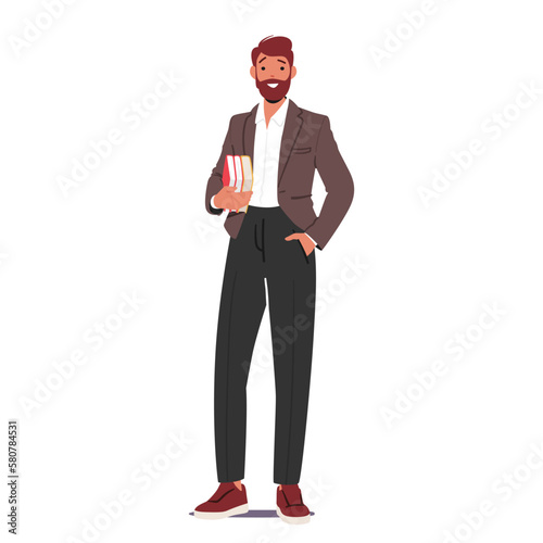 Confident Mature Male Teacher Character Standing With Pile Of Books In Hand Isolated On White Background