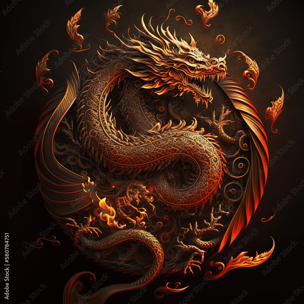 dragon, asian dragon, chinese ornament, chinese zodiac, head only, portrait, detailed ornaments, fire style
