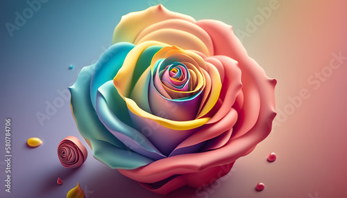 3D natural illustration of colorful blooming rose flower. Rainbow rose flower. 3D realistic illustration. Based on Generative AI