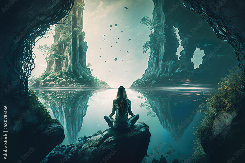 silhouette of a zen meditating person in a calm colorful fantasy nature environment, generative ai