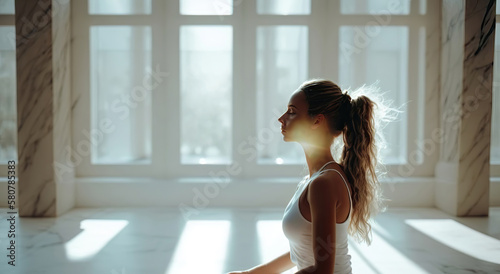 beautiful young woman doing meditation yoga in a calm relax environment, generative ai