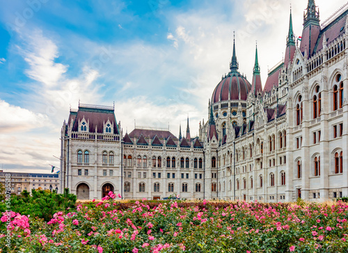 Hungarian parliament building at sunset in Budapest, Hungary