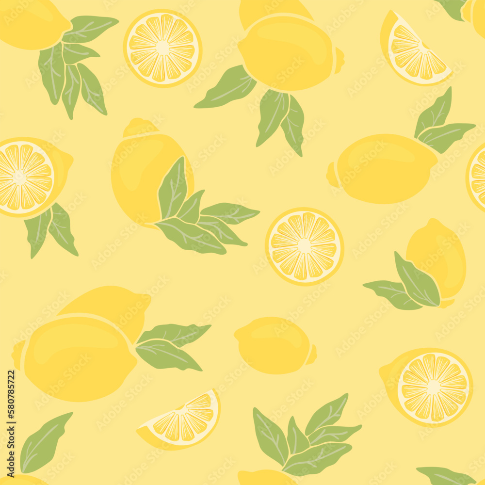 Yellow lemons and green leaves on a light background.Whole fruits and cut. Seamless repeat pattern with fresh citruses.Print on fabric and paper.Endless wallpaper.Vector flat illustration. Yellow lemons and green leaves on a light background.Whole fruits and cut. Seamless repeat pattern with fresh citruses.Print on fabric and paper.Endless wallpaper.Vector flat illustration.