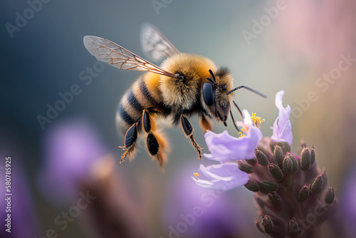 A Bee Hovering Over a Blooming Flower in Soft Focus - This AI generative captures the natural beauty of a bee hovering over a blooming flower, with a soft focus on the background - Generative AI © Ray Keeling