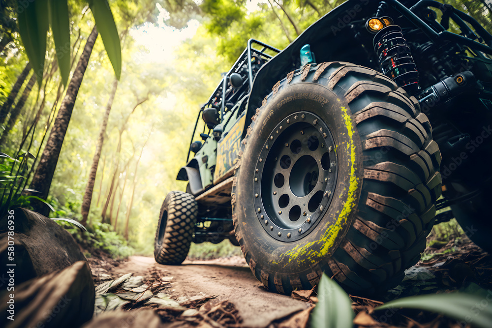 Fototapeta premium A big wheel of the 4x4 off-road car driving on terrain route in the jungle, illustration ai generative