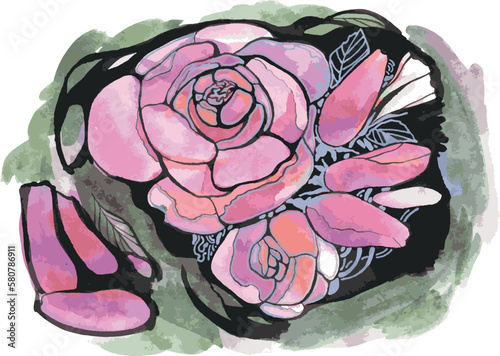 Elegant flower arrangement. Light air lines and small details. Drawn with a gel pen and colored with watercolors